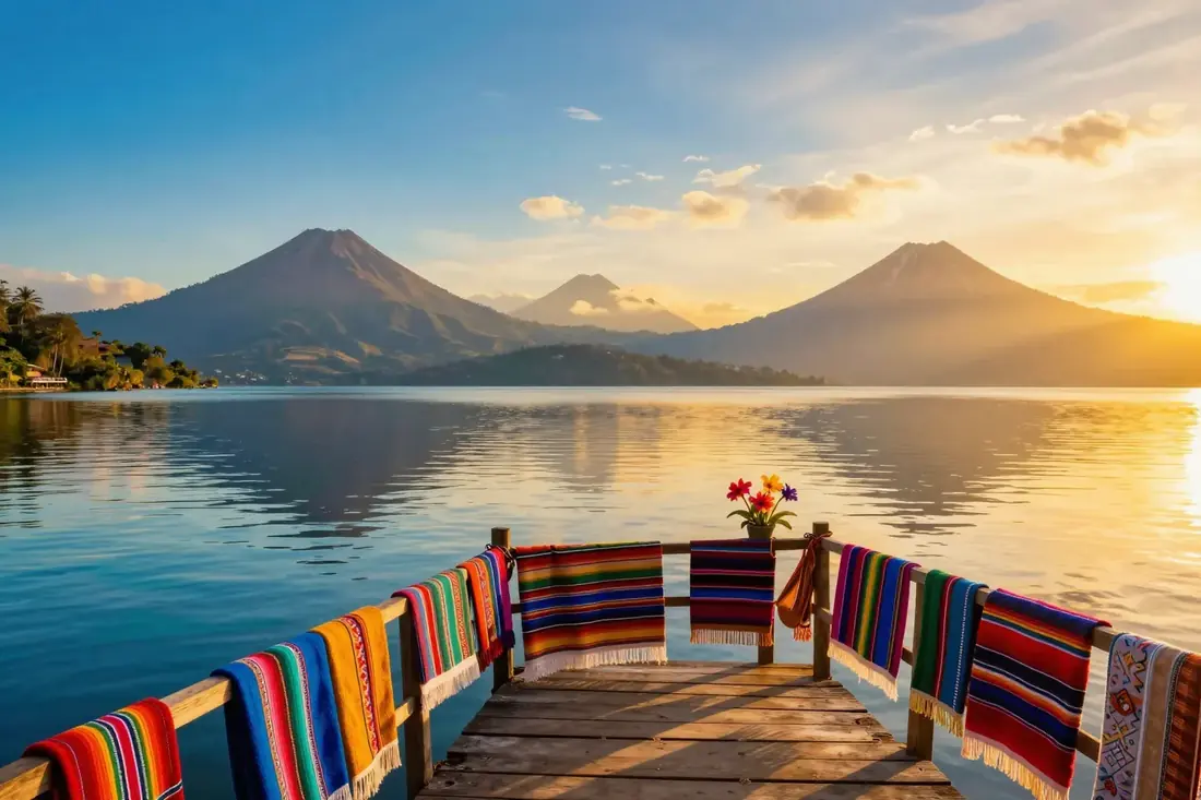 Atitlán-See mit Vulkanen im Abendlicht