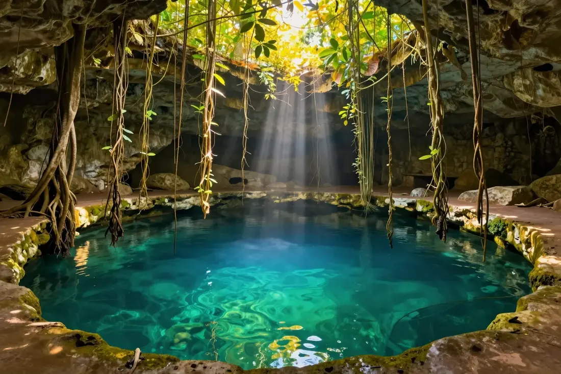 Heilige Cenote mit türkisem Wasser, Lianen und Sonnenstrahlen