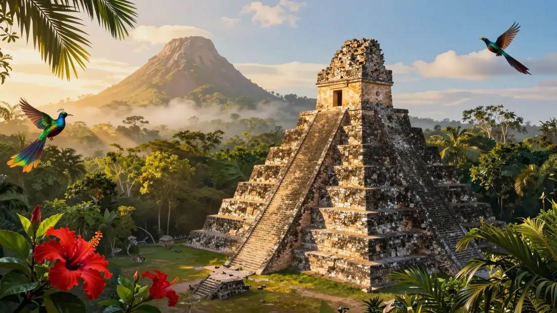 Maya-Tempel im Regenwald bei Sonnenaufgang