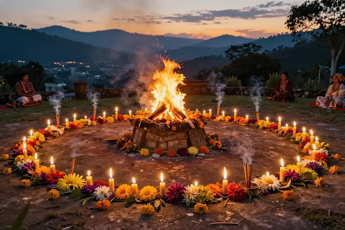 Kreis aus Kerzen und Blumen um ein Zeremonienfeuer in den Bergen Guatemalas